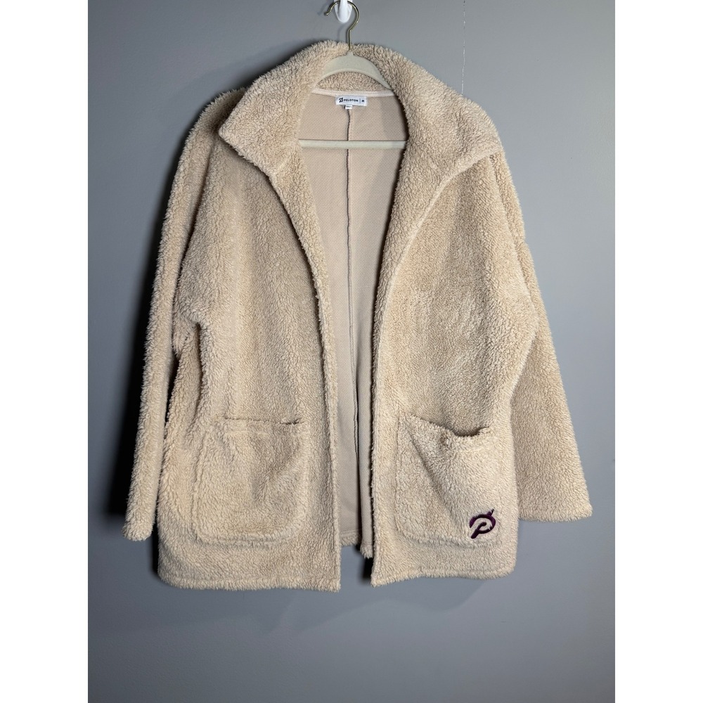 Peloton Womens Medium‎ Beige Teddy Sherpa Open Front Cozy Lounge Jacket